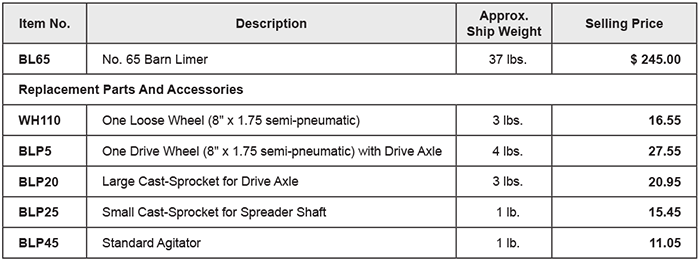 barn limer price list