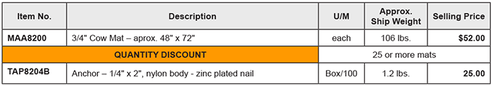 Rubber Pad Cow Mat price list
