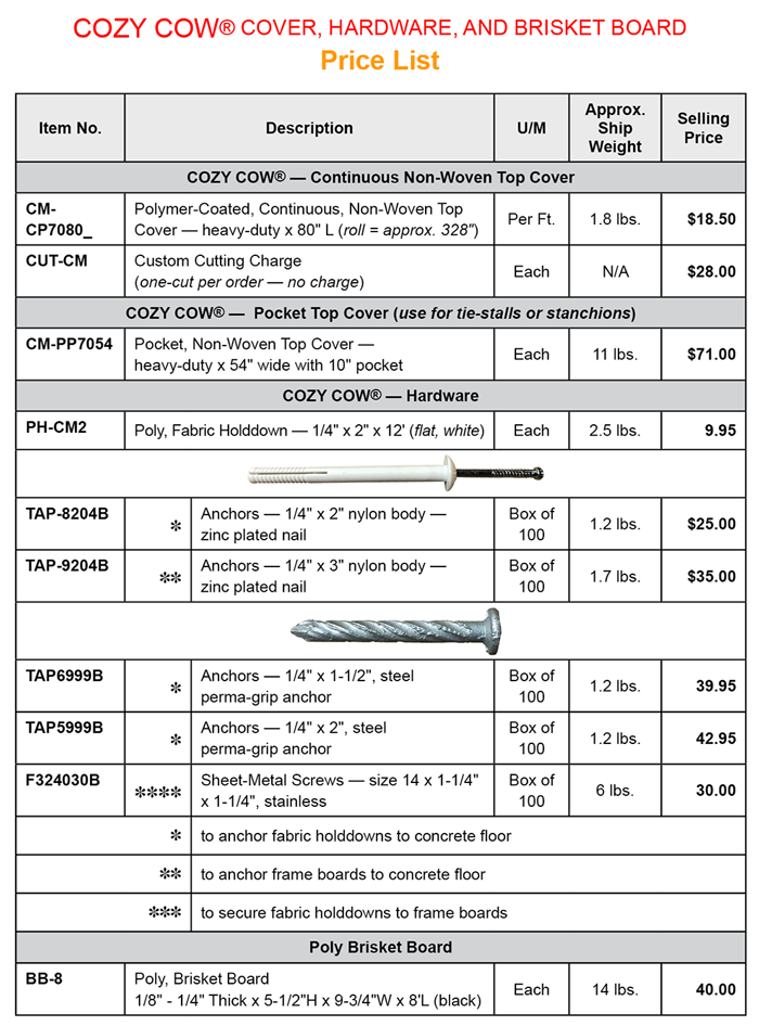Cozy Cow Mattress, Brisket Board, and Accessories price list