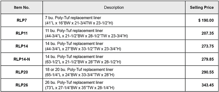 Poly Tuf Feed Cart Replacement Liner price list