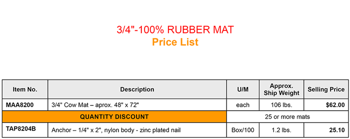 Rubber Pad Cow Mat price list
