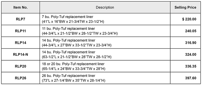 Poly Tuf Feed Cart Replacement Liner price list