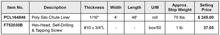 Poly Silo Chute Liner price list