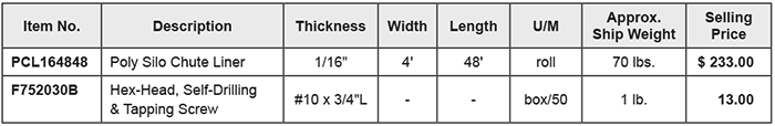 Poly Silo Chute Liner price list